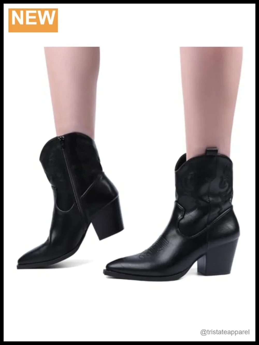 Women Ankle Cowboy Boots Pointed Toe Chunky Heel Embroidery Zipper Pull On